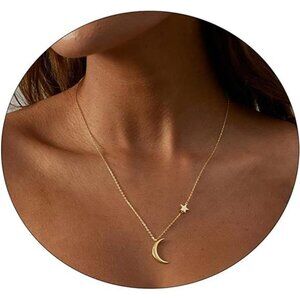 Gold Star & Moon Necklace | 14K Gold Plated Dainty Pendant